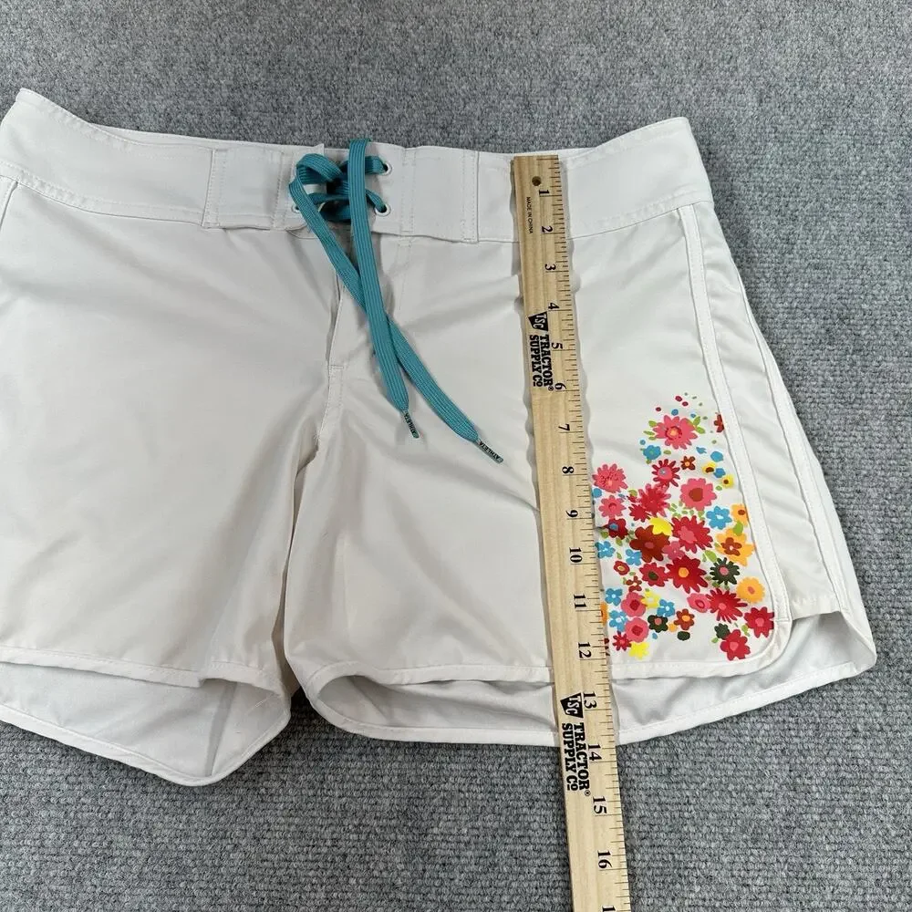 Athleta Floral Trestle Board Shorts Women 10 White Swim Beach Surf Drawstring